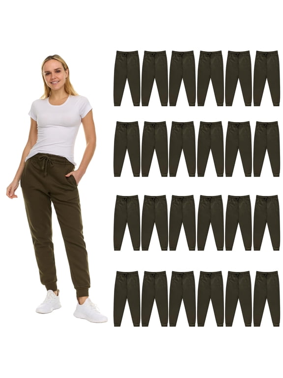 24 Pack of Wholesale Womens Jogger Sweatpants, Bulk Comfy Fleece-Lined Joggers with Ribbed Cuffs for Charities & Homeless Shelter Donations, Color Military Green, Size 2X-Large