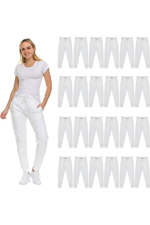 24 Pack of Wholesale Womens Jogger Sweatpants, Bulk Comfy Fleece-Lined Joggers with Ribbed Cuffs for Charities & Homeless Shelter Donations, Color White, Size 2X-Large