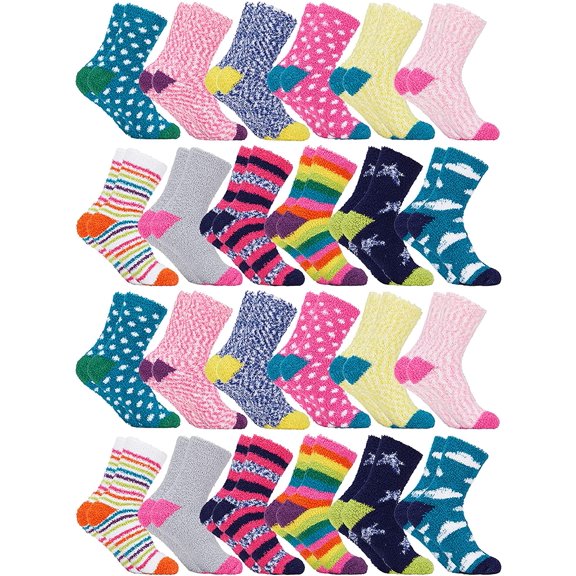 SOCKS'NBULK 24 Pairs SOCKS'NBULK Womens Wholesale Bulk Warm And Cozy Fuzzy Socks, Colorful Winter Socks (24 Pairs Motif Designs)
