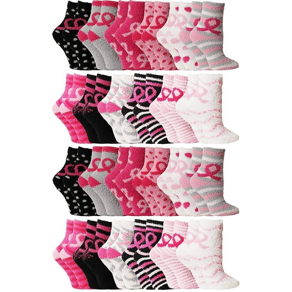 SOCKS'NBULK 24 Pairs Womens Wholesale Bulk Warm And Cozy Fuzzy Socks, Colorful Winter Socks (24 Pairs Pink Breast Cancer Awareness)