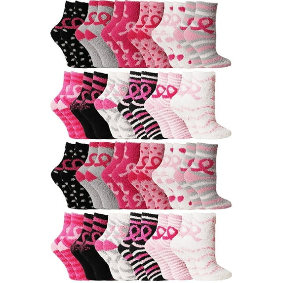SOCKS'NBULK 24 Pairs Womens Wholesale Bulk Warm And Cozy Fuzzy Socks, Colorful Winter Socks (24 Pairs Pink Breast Cancer Awareness)