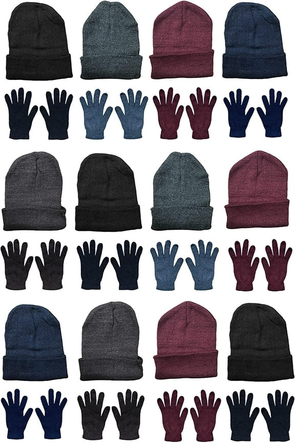 24 Piece Winter Set - 12 Pack Beanie Hats + 12 Pairs Winter Gloves, For Men & Women, Bulk Cold Weather Kits