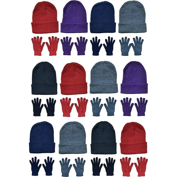 SOCKS'NBULK 24 Piece Winter Set - 12 Pack Beanie Hats + 12 Pairs Winter Gloves, For Men & Women, Bulk Cold Weather Kits