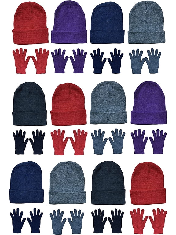24 Piece Winter Set - 12 Pack Beanie Hats + 12 Pairs Winter Gloves, For Men & Women, Bulk Cold Weather Kits