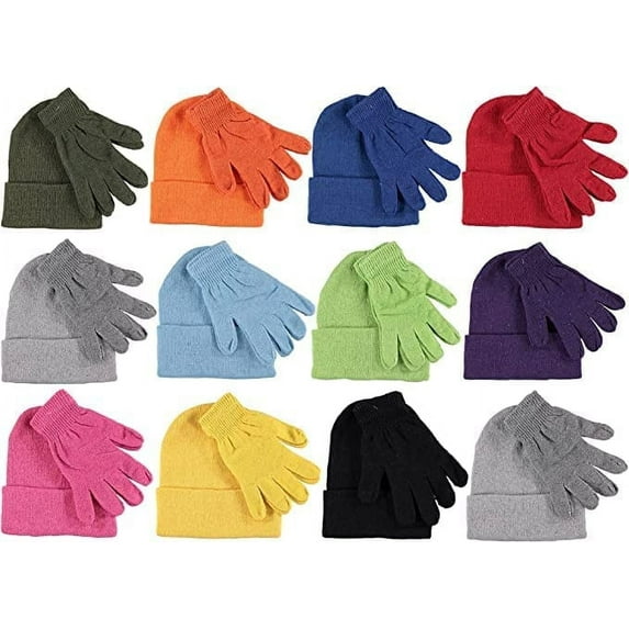 SOCKS'NBULK 24 Piece Winter Set - 12 Pack Beanie Hats + 12 Pairs Winter Gloves, for Men & Women, Bulk Cold Weather Kits