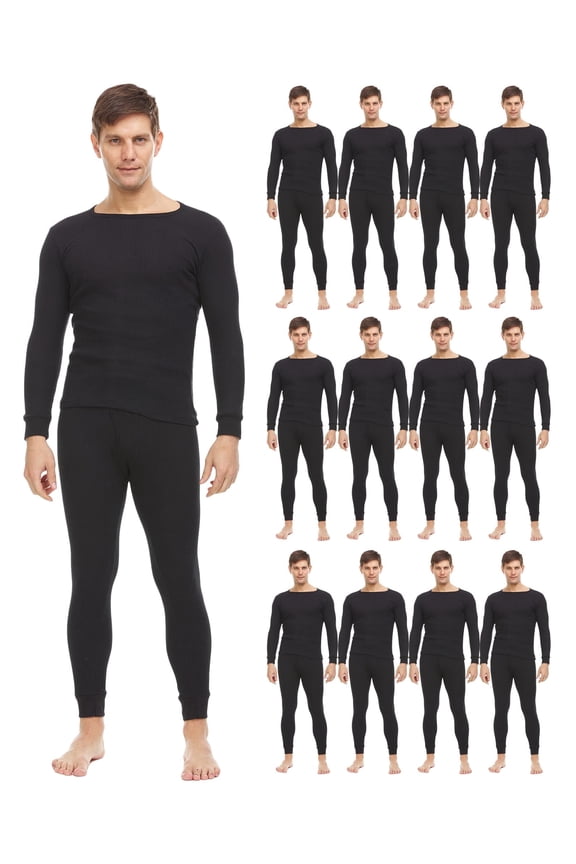 2pc Thermal Sets for Men, Base Layer Long Johns Underwear, Top & Bottom, Cotton, Solid Colors (Large, 12 Pack Black)