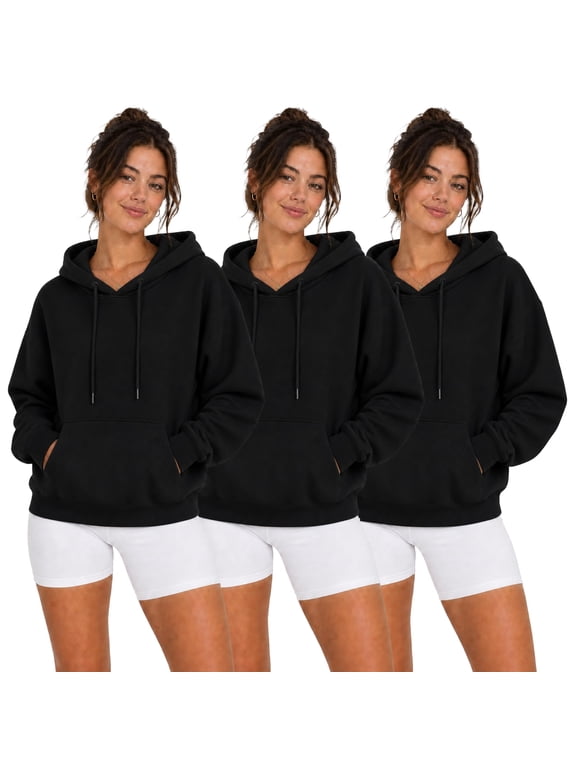 3 Pack Black Women’s Oversized Fleece Hoodies, Bulk Wholesale Ladies Pullover Sweatshirts, Soft Relaxed Fit Hooded Sweaters for Women (Medium)