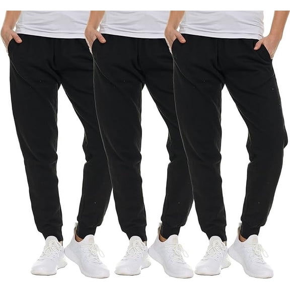 SOCKS'NBULK 3 Pack of Womens Jogger Fleece-Lined Sweatpants, Bulk Comfy Joggers with Ribbed Cuffs, Bulk Soft Jogger Pants for Women, Color Black, Size Small