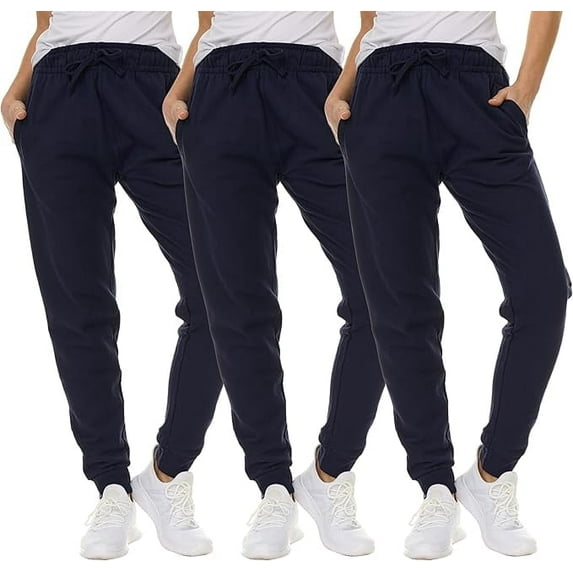 SOCKS'NBULK 3 Pack of Womens Jogger Fleece-Lined Sweatpants, Bulk Comfy Joggers with Ribbed Cuffs, Bulk Soft Jogger Pants for Women, Color Navy, Size Small