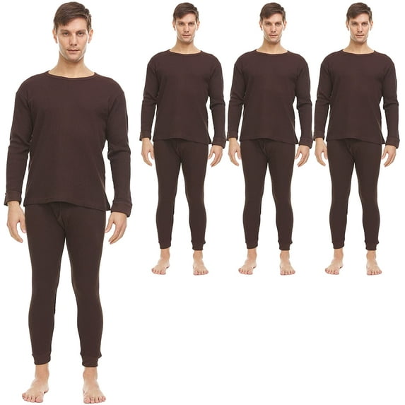 SOCKS'NBULK 3 Pack of 2pc Thermal Sets for Men, Base Layer Long Johns Underwear, Top & Bottom, Cotton, Solid Colors (X-Large, Brown)