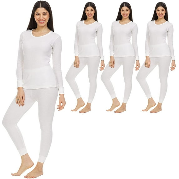 SOCKS'NBULK 3 Pack of 2pc Thermal Sets for Women, Base Layer Long Johns Underwear, Top & Bottom, Cotton, Solid Colors (Large, White)
