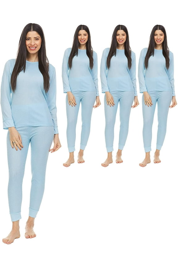 3 Pack of 2pc Thermal Sets for Women, Base Layer Long Johns Underwear, Top & Bottom, Cotton, Solid Colors (Small, Light Blue)
