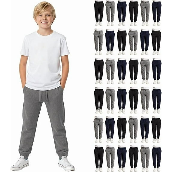 SOCKS'NBULK 36 Pack of Wholesale Childrens Unisex Jogger Bulk Sweatpants, Black Navy Gray, Comfy Lounge Joggers for Kids
