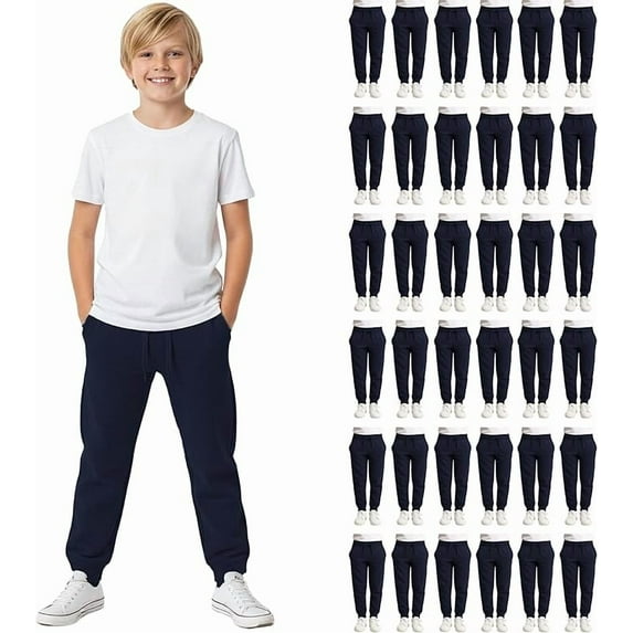 SOCKS'NBULK 36 Pack of Wholesale Childrens Unisex Jogger Bulk Sweatpants, Black Navy Gray, Comfy Lounge Joggers for Kids