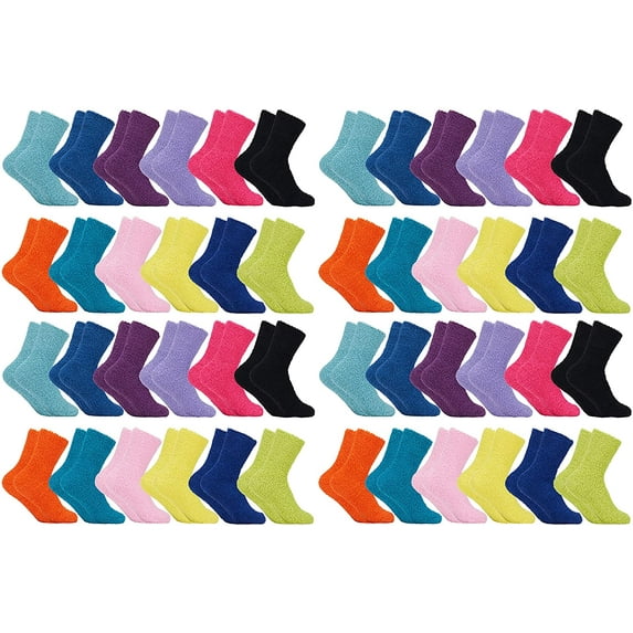 SOCKS'NBULK 48 Pairs of Womens Fuzzy Socks in Bulk, Furry Soft Warm Cozy Sock Packs, Wholesale, Colorful Winter Sock (48 Pairs Bright Solid)