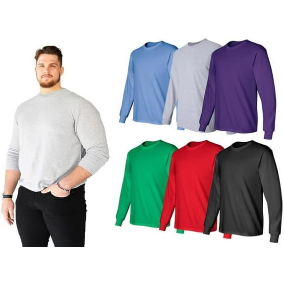 SOCKS'NBULK 6 Pack Big & Tall Long Sleeve Colorful T-Shirts for Mens 100% Cotton - Crew Neck Bulk Tees Wholesale Packs
