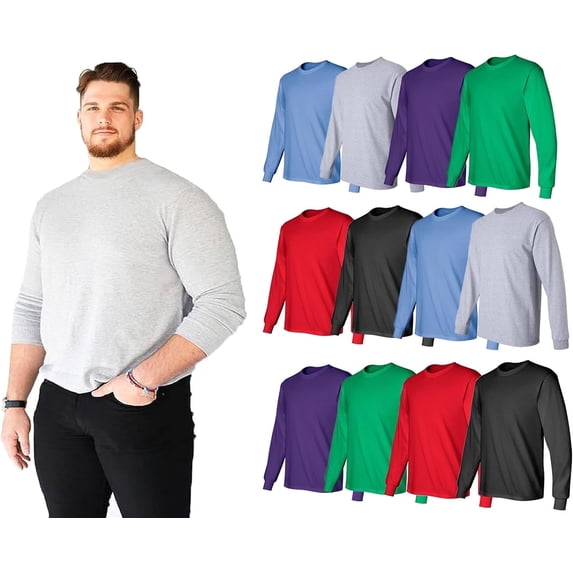 SOCKS'NBULK 6 Pack Big & Tall Long Sleeve Colorful T-Shirts for Mens cotton blend Cotton - Crew Neck Bulk Tees Wholesale Packs