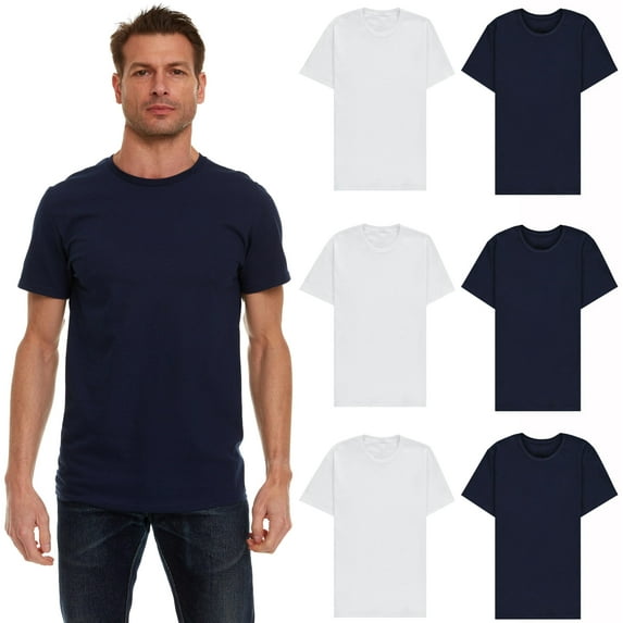 SOCKS'NBULK 6 Pack Men's Solid Colors Cotton T-Shirts Short Sleeve Lightweight Tees, Bulk Navy and White, Size Large