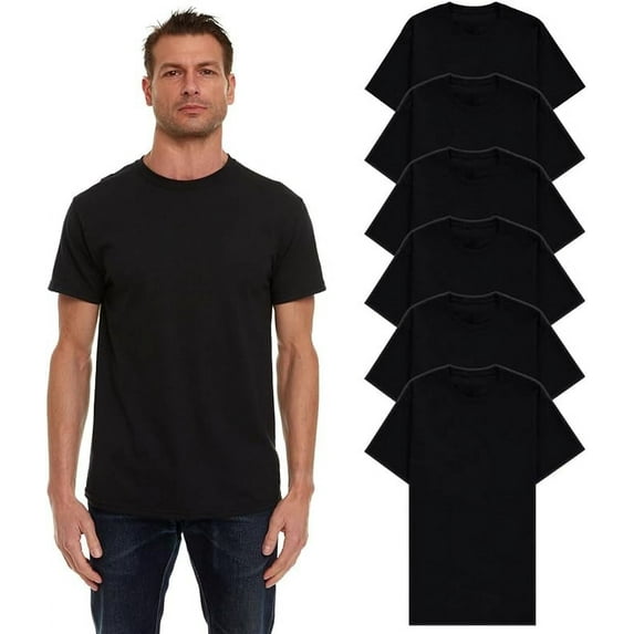 SOCKS'NBULK 6 Pack Mens Cotton Crew Neck Short Sleeve Casual T-Shirts Black Lightweight Bulk (Black, Large)