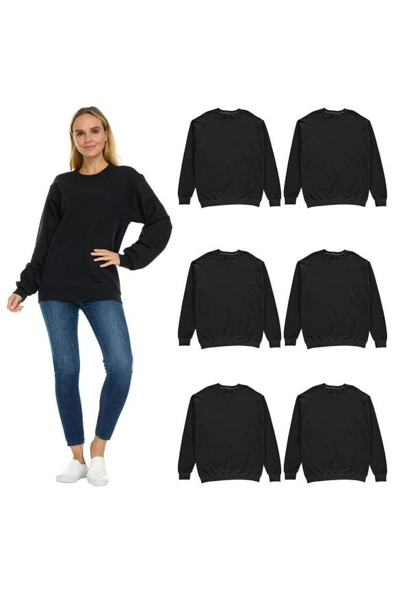 6 Pack Women’s Oversized Crew Neck Sweatshirt, Fleece Lined, Bulk Wholesale Sweatshirts for Charities & Events (Black, Small)