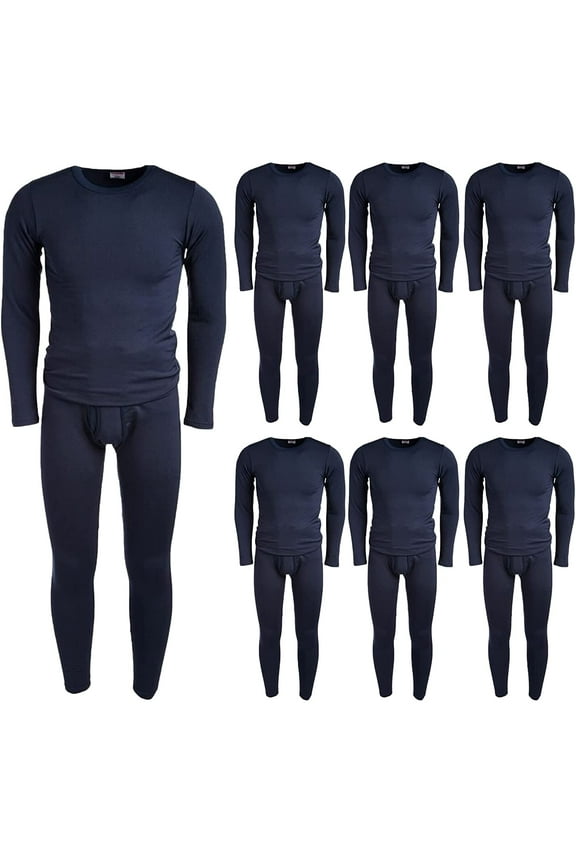 6 Pack of 2pc Thermal Sets for Men, Base Layer Long Johns Underwear, Top & Bottom, Cotton, Solid Colors (Large, Navy Blue)