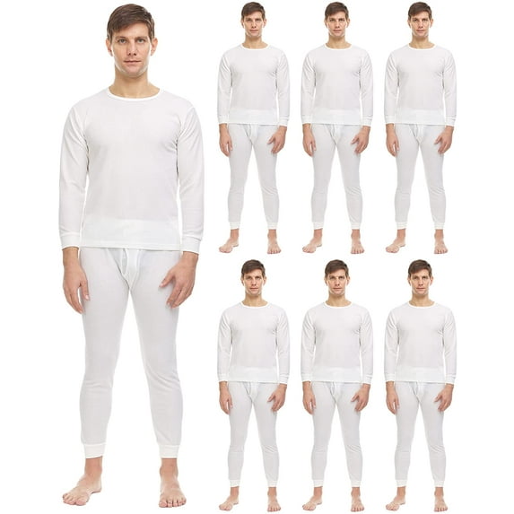 SOCKS'NBULK 6 Pack of 2pc Thermal Sets for Men, Base Layer Long Johns Underwear, Top & Bottom, Cotton, Solid Colors (Large, Off White)
