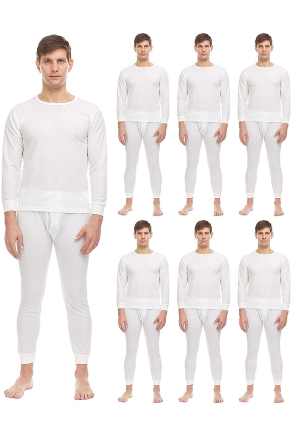 6 Pack of 2pc Thermal Sets for Men, Base Layer Long Johns Underwear, Top & Bottom, Cotton, Solid Colors (X-Large, Off White)
