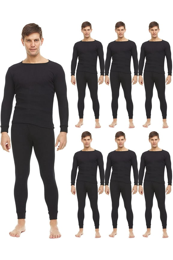 6 Pack of 2pc Thermal Sets for Men, Base Layer Long Johns Underwear, Top & Bottom, Cotton, Solid Colors (XX-large, Black)