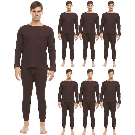 SOCKS'NBULK 6 Pack of 2pc Thermal Sets for Men, Base Layer Long Johns Underwear, Top & Bottom, Cotton, Solid Colors (XX-large, Brown)