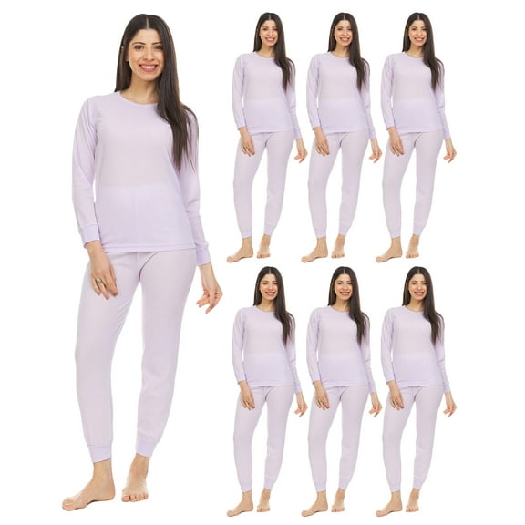 SOCKS'NBULK 6 Pack of 2pc Thermal Sets for Woman, Base Layer Long Johns Underwear, Top & Bottom, Cotton, Solid Colors (Large, Purple)