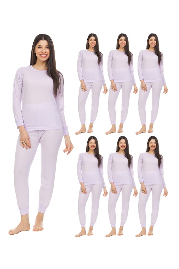 6 Pack of 2pc Thermal Sets for Woman, Base Layer Long Johns Underwear, Top & Bottom, Cotton, Solid Colors (Large, Purple)