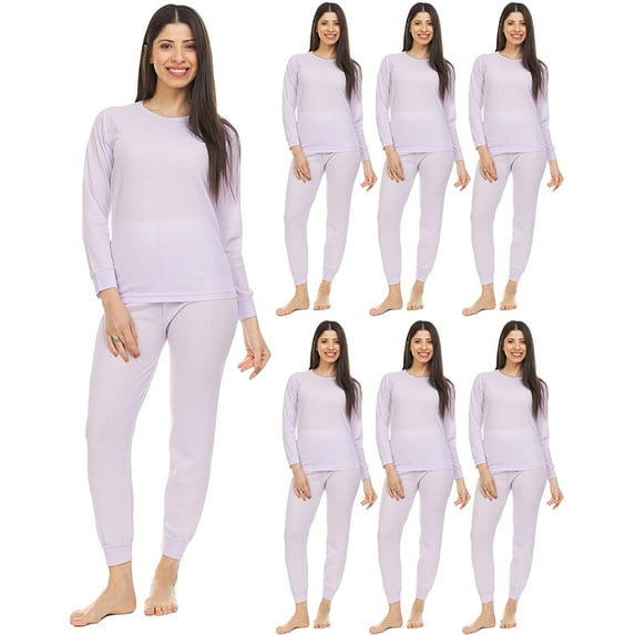 SOCKS'NBULK 6 Pack of 2pc Thermal Sets for Woman, Base Layer Long Johns Underwear, Top & Bottom, Cotton, Solid Colors (Medium, Purple)