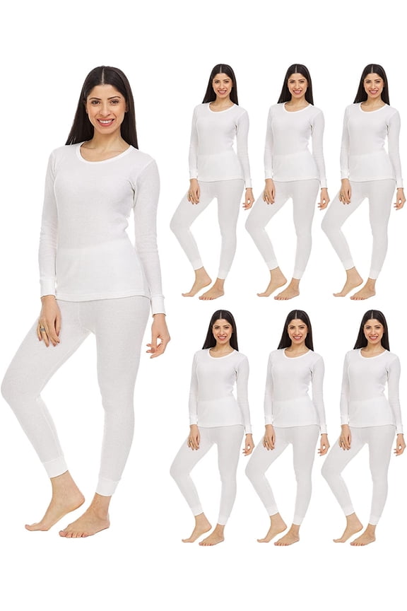 6 Pack of 2pc Thermal Sets for Woman, Base Layer Long Johns Underwear, Top & Bottom, Cotton, Solid Colors (Medium, White)
