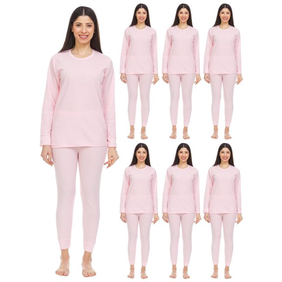 SOCKS'NBULK 6 Pack of 2pc Thermal Sets for Woman, Base Layer Long Johns Underwear, Top & Bottom, Cotton, Solid Colors (Small, Pink)