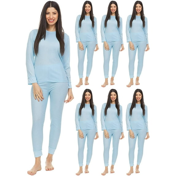 SOCKS'NBULK 6 Pack of 2pc Thermal Sets for Woman, Base Layer Long Johns Underwear, Top & Bottom, Cotton, Solid Colors (X-Large, Blue)