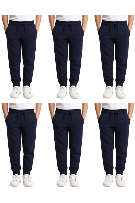 6 Pack of Boys Jogger Bulk Sweatpants, Black Navy Gray, Comfy Lounge Joggers for Kids