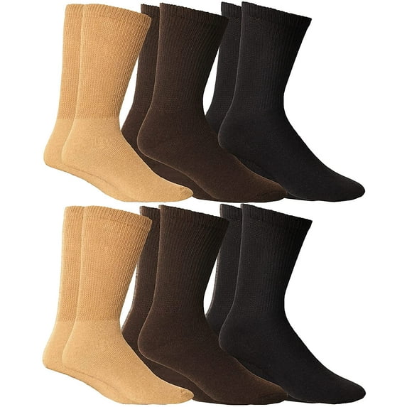 SOCKS'NBULK 6 Pairs Mens Loose Fit Non-Binding Soft Cotton Diabetic Crew and Ankle Socks, Bulk Value Pack Men (10-13)