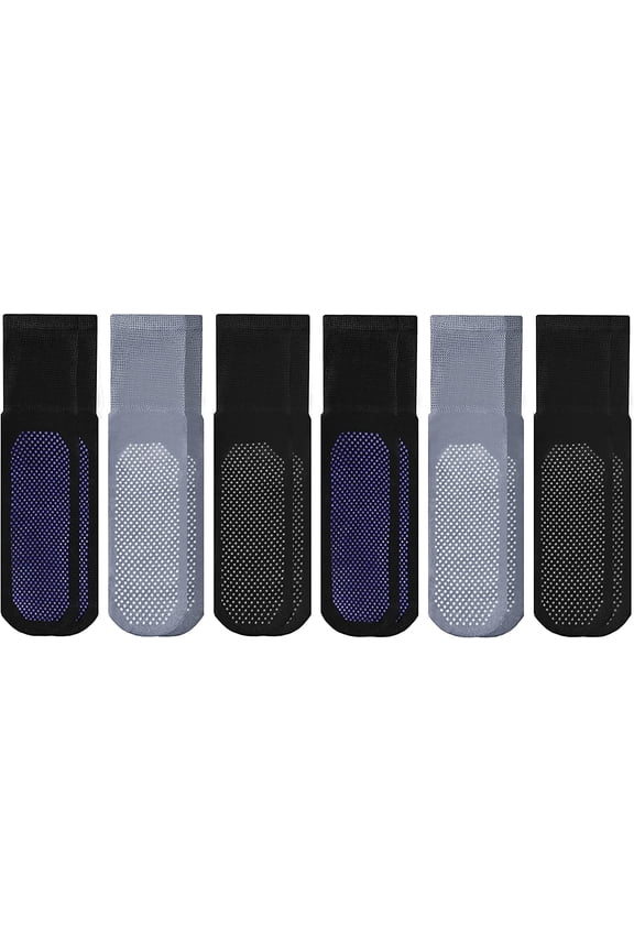6 Pairs Of Loose Fit Gripper Bottom Diabetic Non-Skid Slipper Black Socks, Grippy Hospital Sock, Wholesale Bulk 9-11