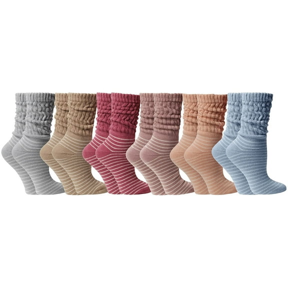 SOCKS'NBULK 6 Pairs Womens Scrunched Slouch Socks, Cotton Boot Socks Bulk Pack, 6 Striped Neutral