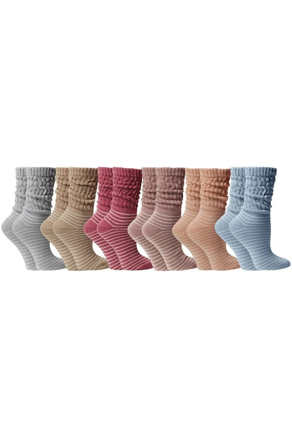 6 Pairs Womens Scrunched Slouch Socks, Cotton Boot Socks Bulk Pack, 6 Striped Neutral