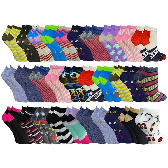 SOCKS'NBULK 60 Pairs Colorful Thin Lightweight Low Cut Ankle Socks, Mens Womens Kids Sock (Womens 60 Pairs Patterned)