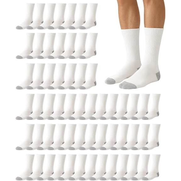 SOCKS'NBULK 60 Pairs Wholesale Bulk Sport Cotton Mens Crew, Ankle, Tube Socks, Size 10-13 (Mens White Crew - Gray Heel Toe)
