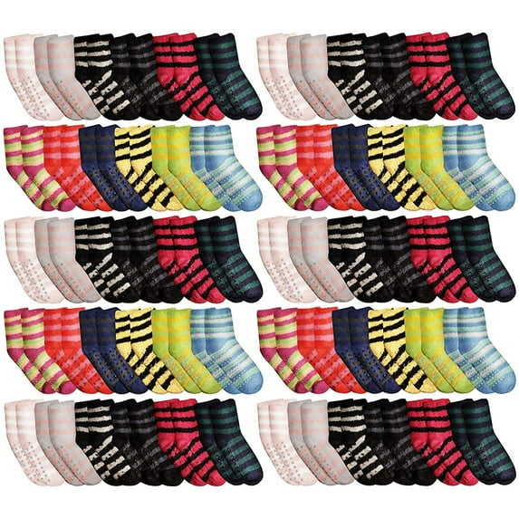 SOCKS'NBULK Women Fuzzy Socks Crew Socks, Warm Butter Soft (9-11) (60 Pairs Striped Gripper)