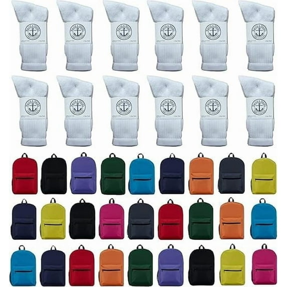 SOCKS'NBULK 72 Piece Bulk Sock & Backpack Kits – 36 Pairs of Mens Socks + 36 Backpacks – Wholesale Donation Packs for Men