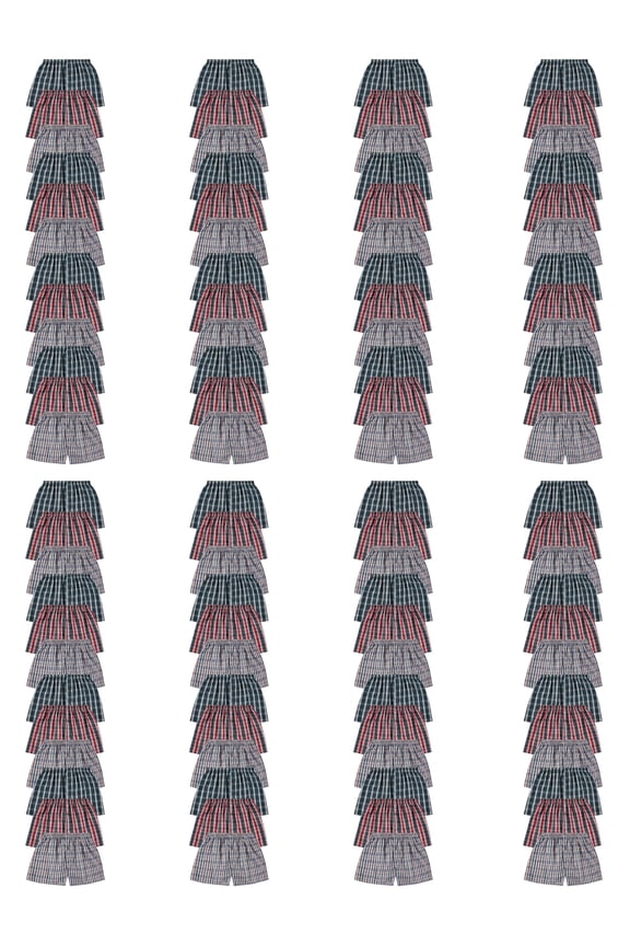 96 Pack Wholesale Men's Tag Free Woven Boxer Shorts, Relaxed Fit, Underwear Bulk for Men, Donations Shelters Assorted Color Cases (Large)
