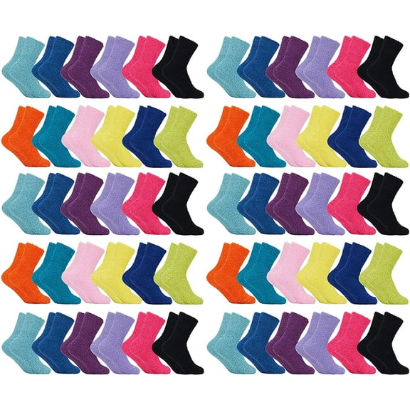 SOCKS'NBULK Fuzzy Womens Colorful Soft Lounge Socks, Solid Colors, Fuzzy, Bulk Gift (60 Pairs Bright Solid)