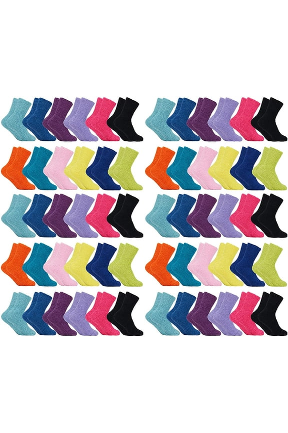 Fuzzy Womens Colorful Soft Lounge Socks, Solid Colors, Fuzzy, Bulk Gift (60 Pairs Bright Solid)