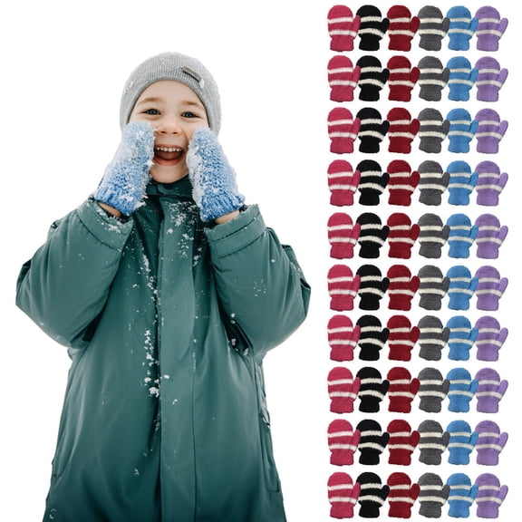 SOCKS'NBULK Kids Fuzzy Mittens Warm Soft Mitten Toddlers Children Bulk AGE 3-8 (Stripe (Assorted), 60 Pack)