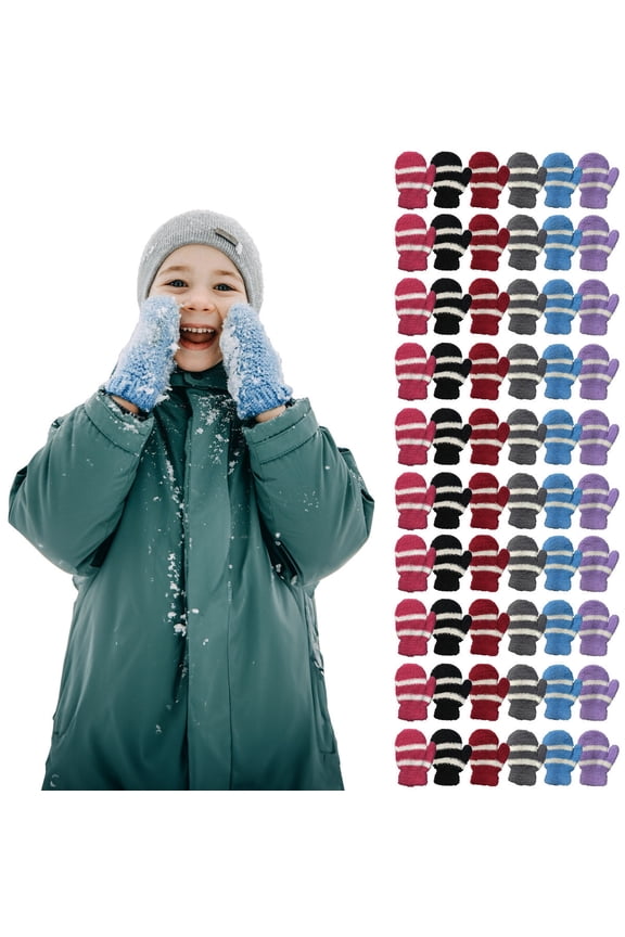 Kids Fuzzy Mittens Warm Soft Mitten Toddlers Children Bulk AGE 3-8 (Stripe (Assorted), 60 Pack)