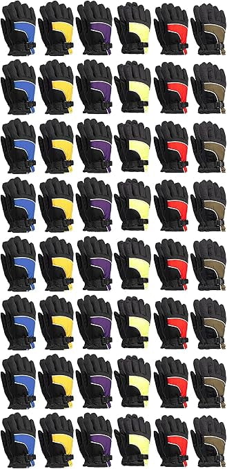 SOCKS'NBULK Kids Ski Glove, Fleece Lined Water Resistant Bulk Kids Winter Gloves (48 PACK ASSORTED)